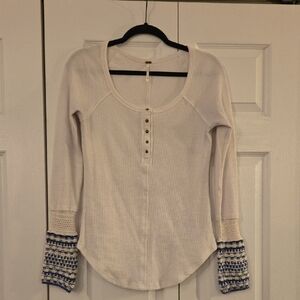 Free People Cream and Blue Long Sleeve Top